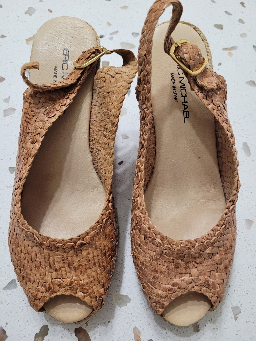 Eric Michael Tan Woven Leather Sling Back Wedge Heels